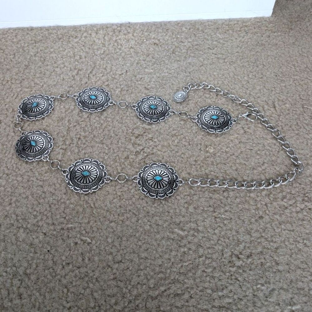 Y2K Boho Layered Silver Turquoise Medallion Detail Chain Belt OS Fits Most